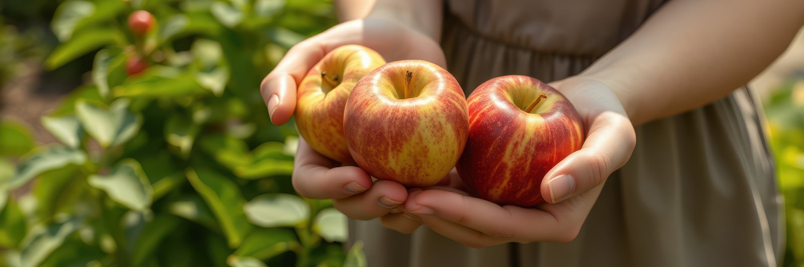 Holding freshly picked apples in a garden on a sunny day in autumn
